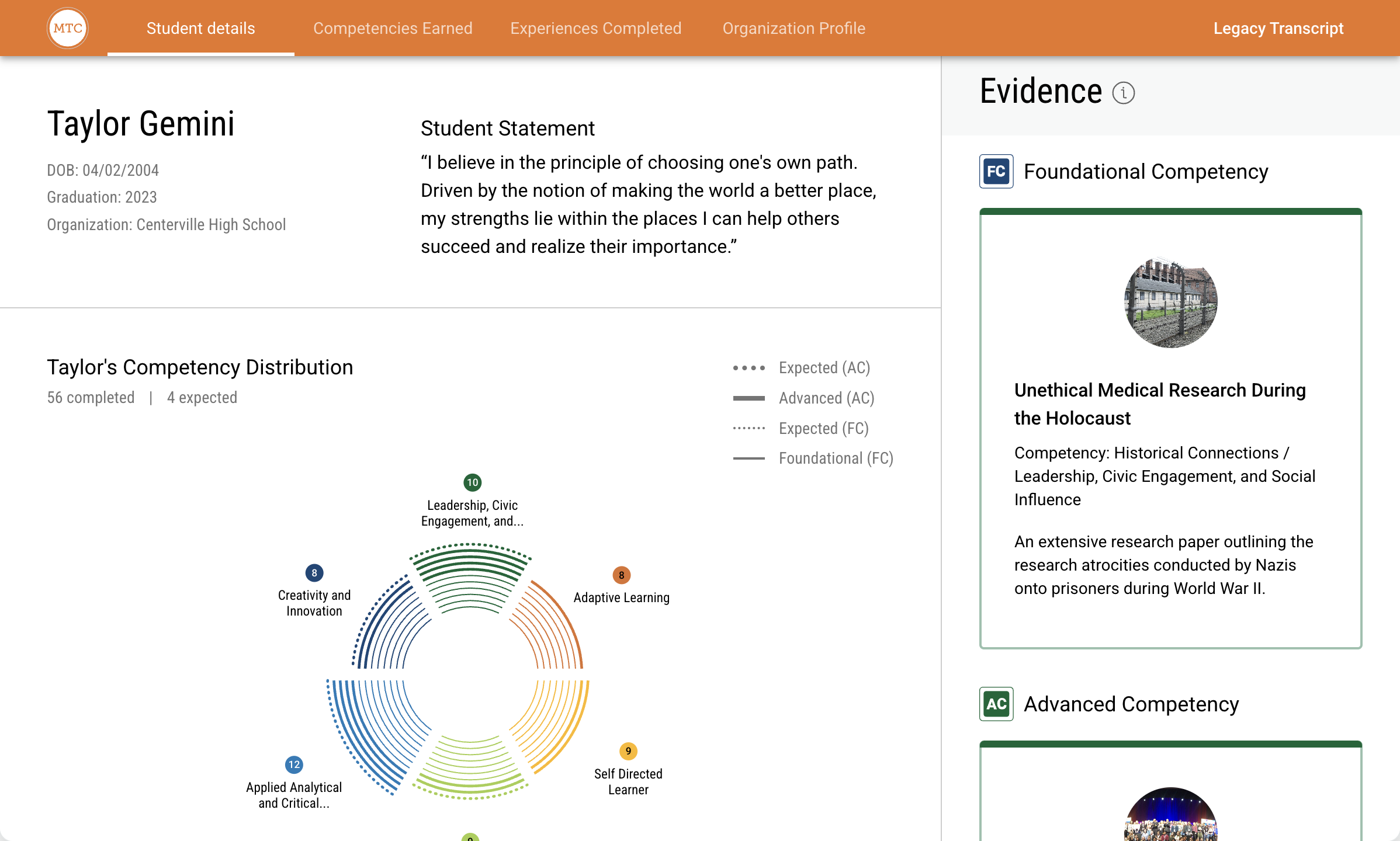 Mastery Transcript® learning record with a student's details, competency distribution chart, and featured evidence of learning